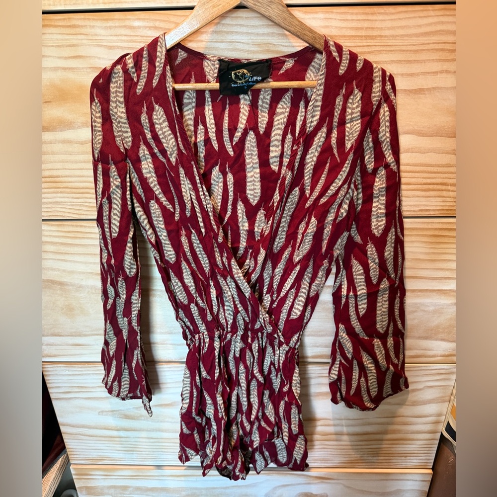 Blue Life Red Feather Print Wrap Blouse
